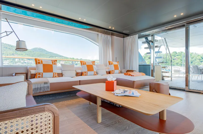  Yacht Photos Pics Luxurious interior of 2024 Sanlorenzo SD118 yacht with modern furnishings and scenic views.