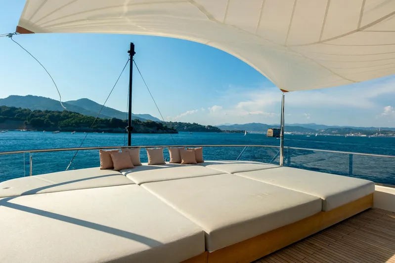  Yacht Photos Pics Luxurious sun deck on 2024 Sanlorenzo SD118 yacht with ocean view.