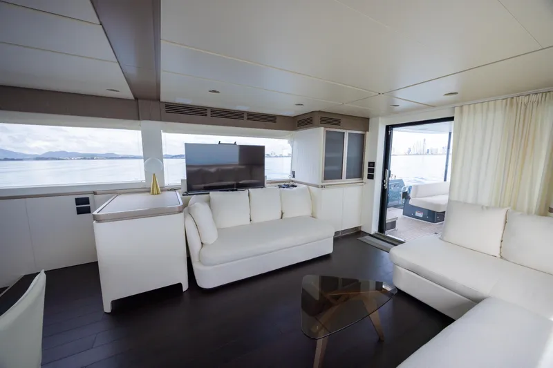 Seahawk Yacht Photos Pics Luxurious interior of 2025 Azimut Magellano 66 yacht with modern furnishings and panoramic views.