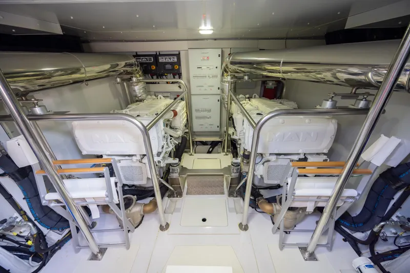 Seahawk Yacht Photos Pics Engine room of 2025 Azimut Magellano 66 yacht, featuring dual MAN engines.