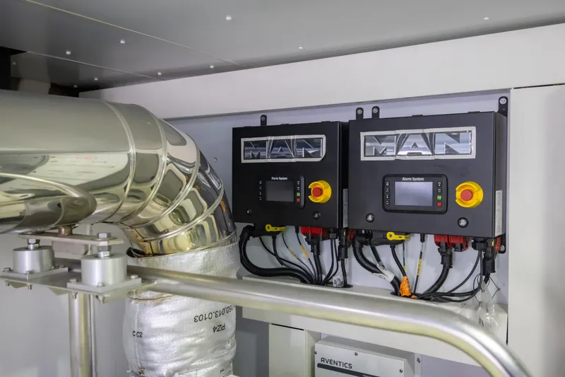 Seahawk Yacht Photos Pics Engine room of 2025 Azimut Magellano 66 yacht with MAN control systems.
