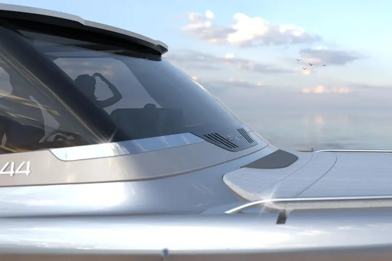  Yacht Photos Pics Futuristic Solaris Power 44ST yacht, 2026 model, sleek design with ocean backdrop.