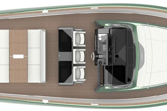  Yacht Photos Pics Top view of 2026 Solaris Power 44ST yacht interior layout with helm and seating.