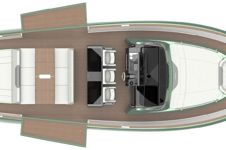  Yacht Photos Pics Top view of 2026 Solaris Power 44ST yacht interior layout with seating and helm.