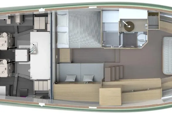  Yacht Photos Pics Top view of 2026 Solaris Power 44ST yacht interior layout, featuring bedroom and living area.