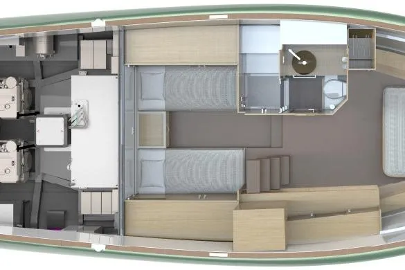  Yacht Photos Pics Top view of 2026 Solaris Power 44ST yacht interior layout, featuring cabins and amenities.