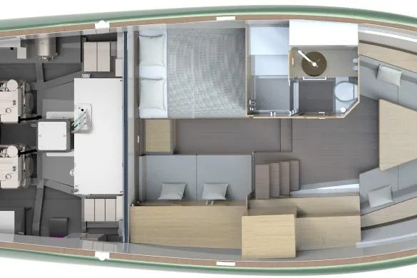  Yacht Photos Pics Interior layout of 2026 Solaris Power 44ST yacht, featuring bedroom, bathroom, and seating area.