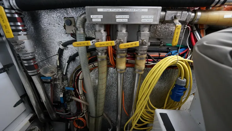 Sovereign Yacht Photos Pics Engine room piping and wiring in a 2006 Lidgard Custom Catamaran.