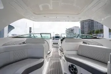  Yacht Photos Pics 2023 Sea Ray SLX 350 Outboard interior with luxurious seating and modern design.