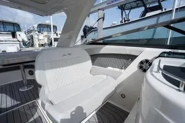  Yacht Photos Pics 2023 Sea Ray SLX 350 Outboard interior with luxurious seating and modern design.