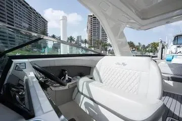  Yacht Photos Pics 2023 Sea Ray SLX 350 Outboard interior with luxurious seating and modern design.