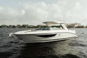  Yacht Photos Pics 2023 Sea Ray SLX 350 Outboard boat on water, showcasing sleek design and luxury features.