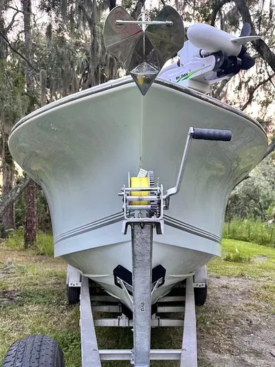  Yacht Photos Pics 2007 Palmetto 33 Custom boat on trailer, front view with anchor and winch.