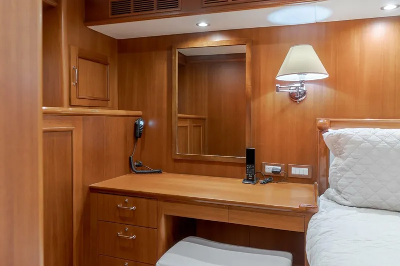 Tintagel Yacht Photos Pics Luxurious wooden cabin interior of 2008 Grand Banks 59 Aleutian RP yacht.