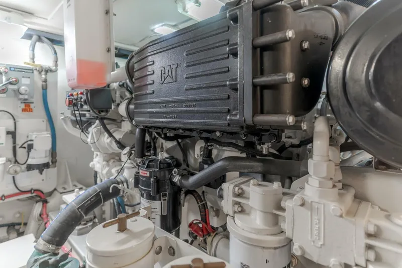 Tintagel Yacht Photos Pics Engine room of 2008 Grand Banks 59 Aleutian RP yacht, featuring CAT machinery.