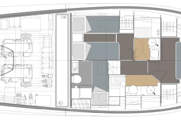  Yacht Photos Pics Floor plan of the 2026 Solaris Power 48 Coupe luxury yacht interior layout.
