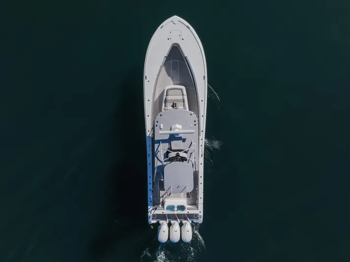 Steam N Demon Yacht Photos Pics Overhead view of 2019 Buddy Davis 42 CC boat on water.