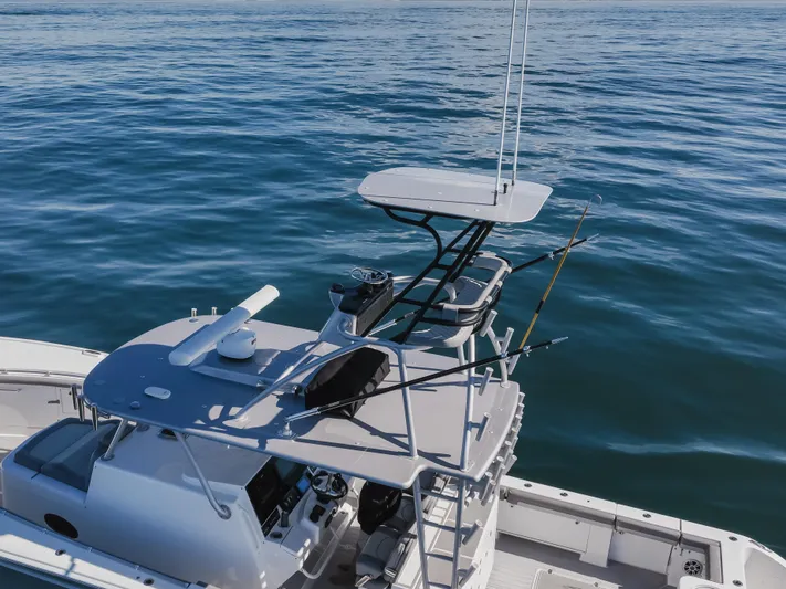 Steam N Demon Yacht Photos Pics 2019 Buddy Davis 42 CC boat on calm ocean waters, featuring a sleek design and fishing equipment.