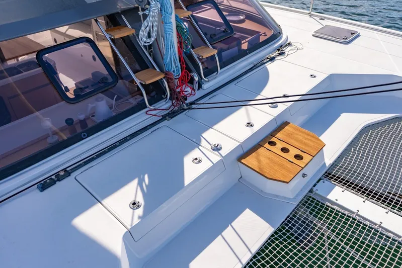 Nostos Yacht Photos Pics Deck of 2020 Nautitech 40 Open catamaran with ropes and wooden accents.