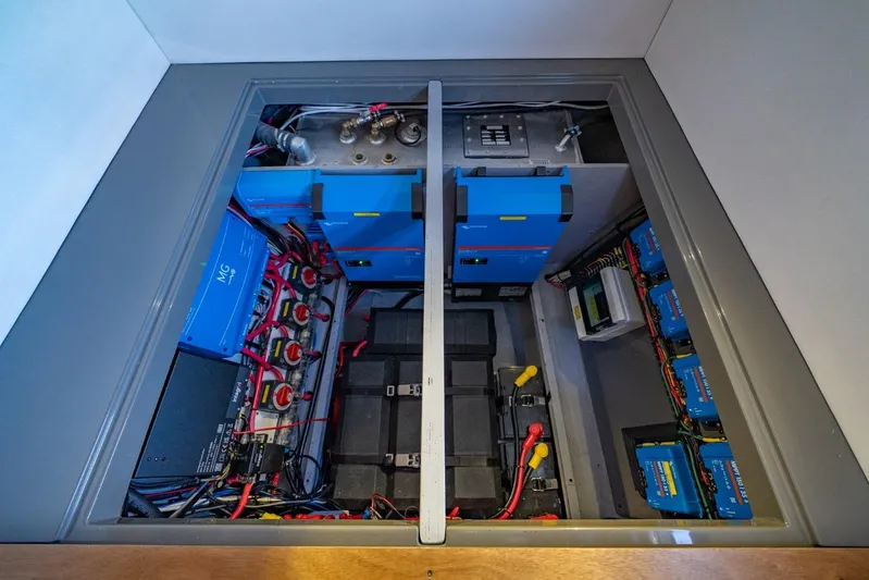 Nostos Yacht Photos Pics Electrical system of a 2020 Nautitech 40 Open catamaran, featuring batteries and wiring.
