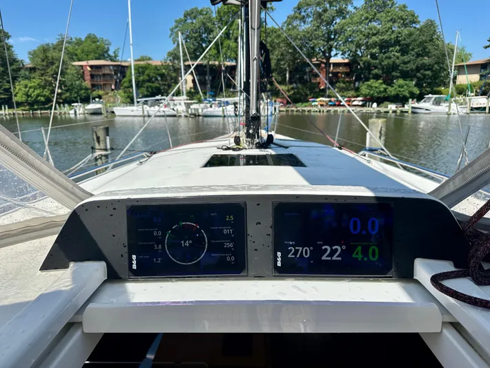  Yacht Photos Pics 2024 J Boats J/40 sailboat cockpit with navigation displays, docked in a marina.