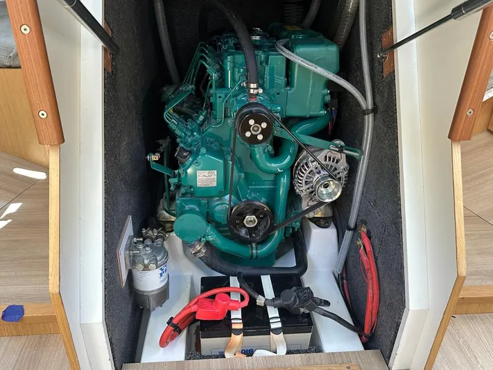  Yacht Photos Pics Engine compartment of 2024 J Boats J/40 sailboat, featuring a neatly installed marine engine.