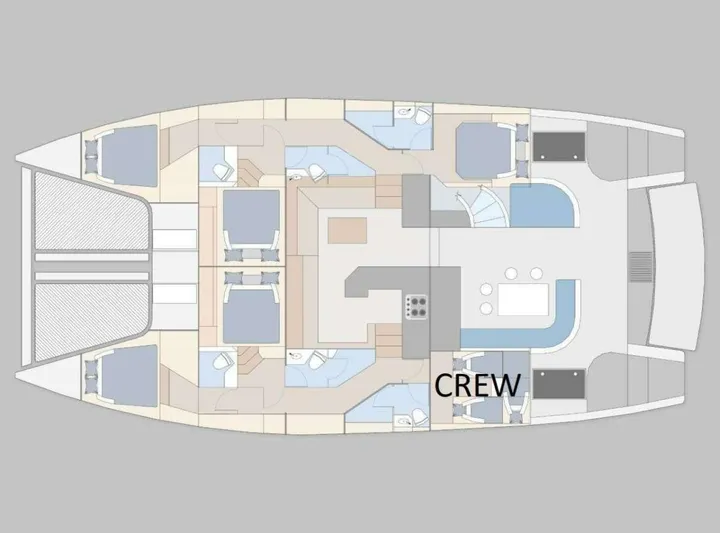 Tapas Yacht Photos Pics Floor plan of 2023 Royal Cape Catamarans 570 Flybridge, showing cabin and crew areas.