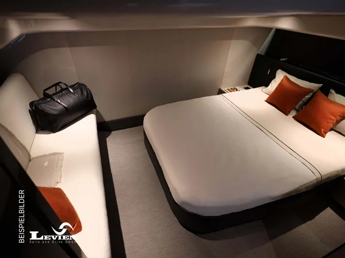  Yacht Photos Pics Luxurious cabin interior of 2025 FIM 440 Regina yacht with elegant bedding and seating.