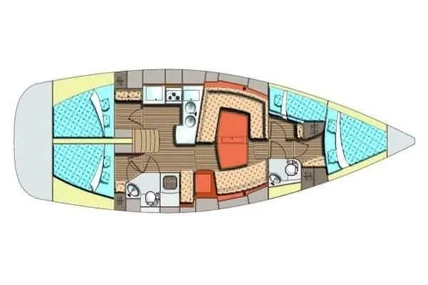Aventura Yacht Photos Pics Floor plan of a 2008 Elan Impression yacht, featuring cabins, kitchen, and bathrooms.