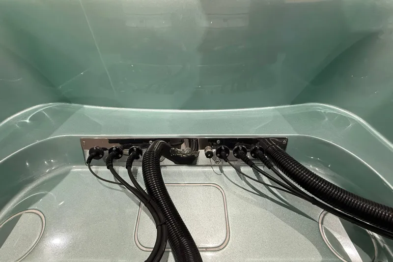  Yacht Photos Pics 2021 Mag Bay 33 CC boat wiring panel with cables and connectors.