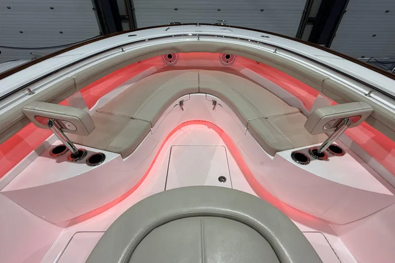  Yacht Photos Pics Luxurious seating area on 2021 Mag Bay 33 CC boat with ambient lighting.