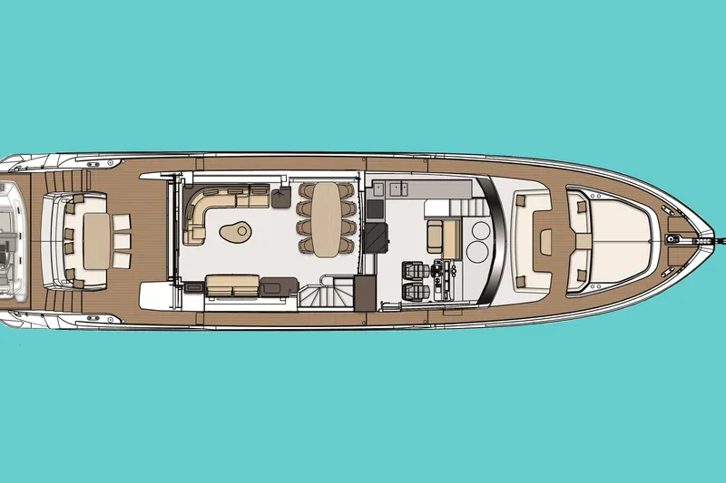 Prewi Yacht Photos Pics Top view layout of 2022 Azimut 78 FLY yacht, showcasing interior design and deck arrangement.