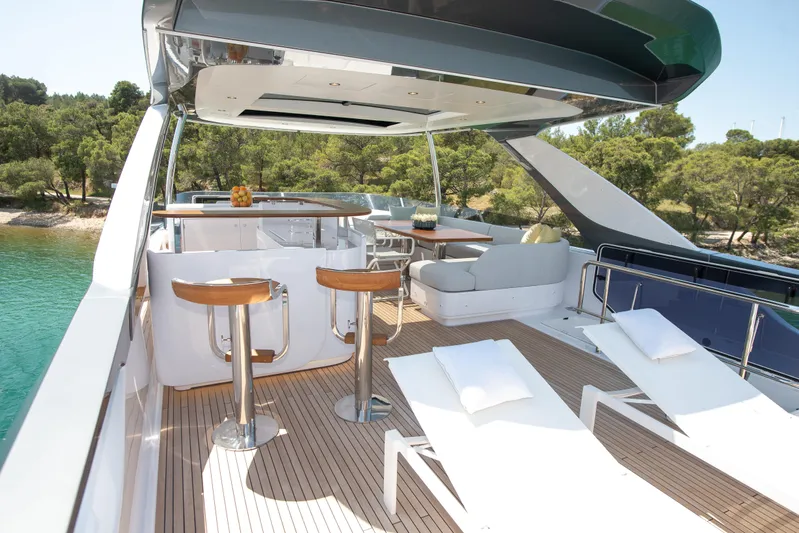 Prewi Yacht Photos Pics Luxurious 2022 Azimut 78 FLY yacht deck with seating, bar, and sun loungers.