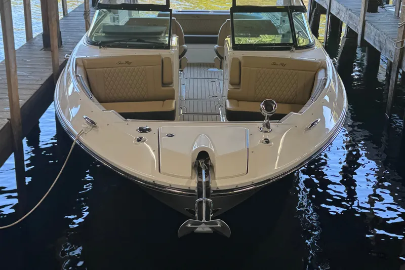 Yacht Photos Pics 2020 Sea Ray SLX 350 boat docked in a marina, front view.