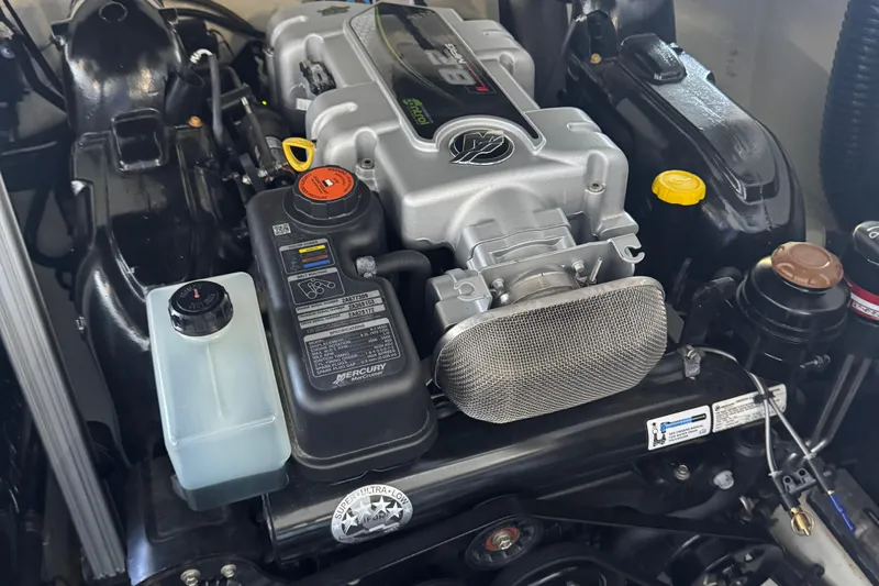  Yacht Photos Pics Engine of a 2020 Sea Ray SLX 350 boat, showcasing detailed components and labels.