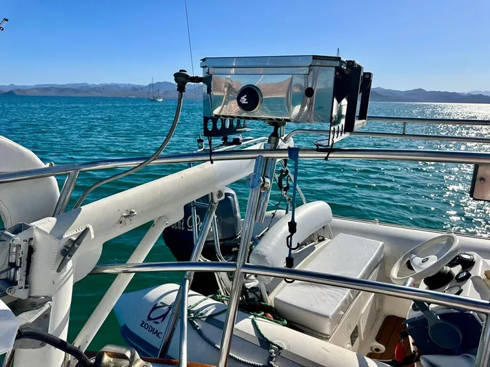  Yacht Photos Pics 1984 Irwin Cutter Ketch sailboat deck with ocean view and clear blue sky.