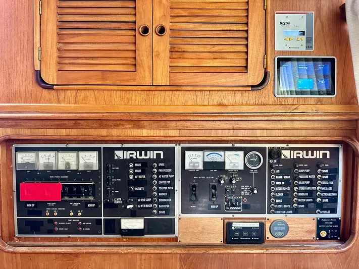  Yacht Photos Pics Control panel of a 1984 Irwin Cutter Ketch sailboat with gauges and switches.
