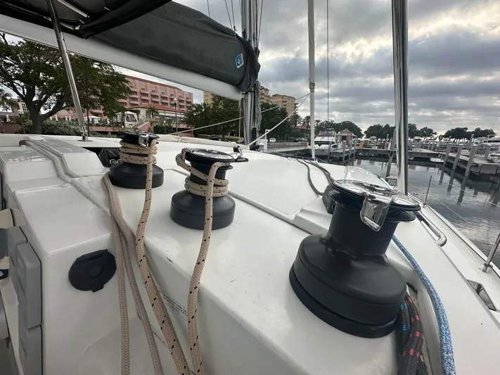 Brave Coquina Yacht Photos Pics Winches and ropes on the deck of a 2020 Fountaine Pajot Lucia 40 catamaran.