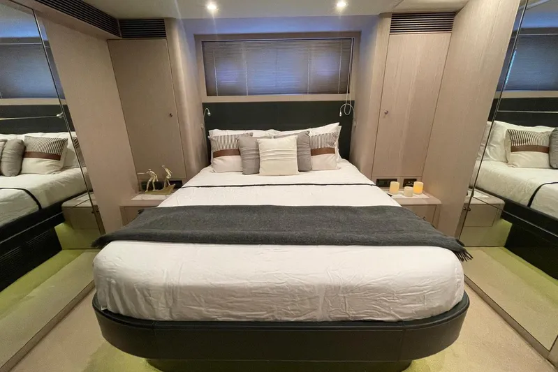 Andiamo Yacht Photos Pics Luxurious bedroom interior on 2016 Riva 63 Virtus yacht, featuring elegant bedding and ambient lighting.