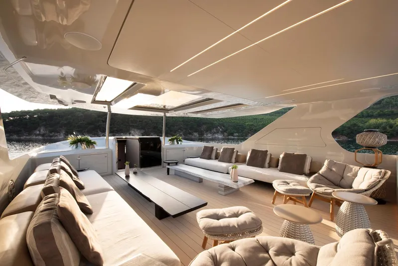  Yacht Photos Pics Luxurious interior of 2025 Mazu Yachts 92 DS with elegant seating and scenic views.