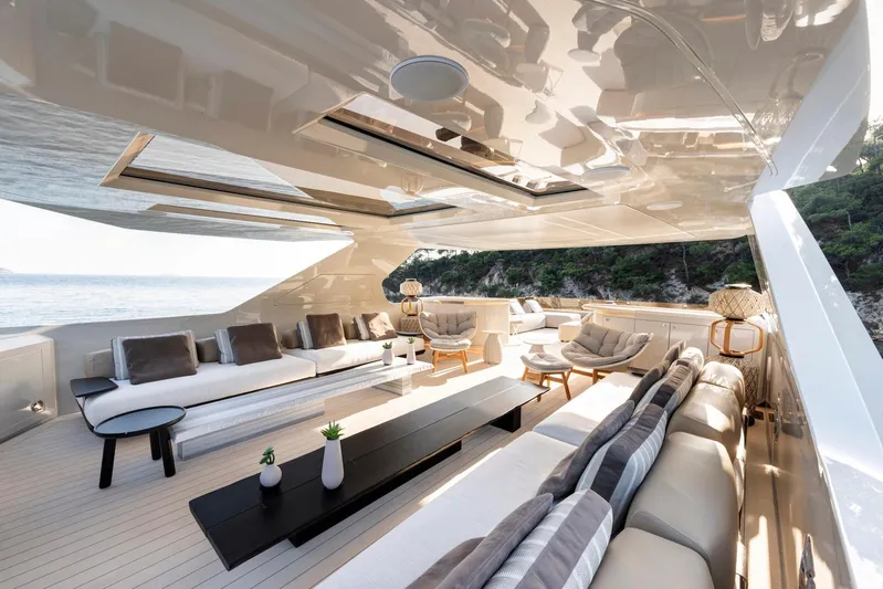  Yacht Photos Pics Luxurious 2025 Mazu Yachts 92 DS interior with elegant seating and ocean view.
