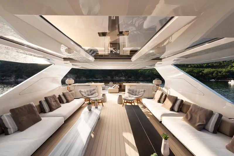  Yacht Photos Pics Luxurious interior of 2025 Mazu Yachts 92 DS with elegant seating and panoramic views.