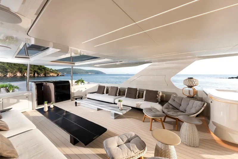  Yacht Photos Pics Luxurious interior of 2025 Mazu Yachts 92 DS with elegant seating and ocean view.