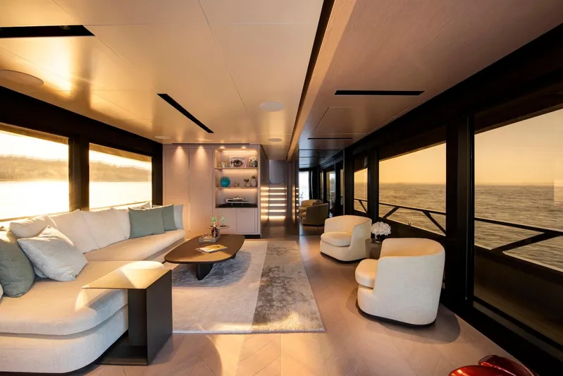  Yacht Photos Pics Luxurious interior of 2025 Mazu Yachts 92 DS with elegant seating and ocean views.