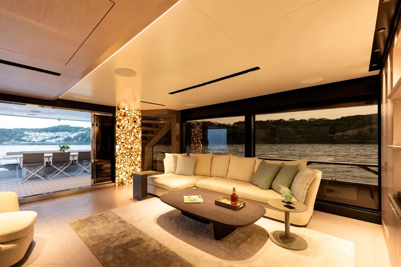  Yacht Photos Pics Luxurious interior of 2025 Mazu Yachts 92 DS with elegant seating and scenic views.
