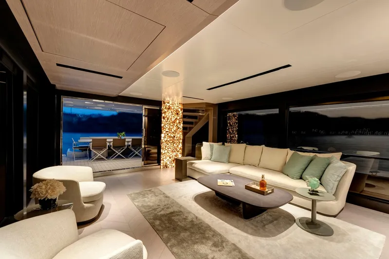  Yacht Photos Pics Luxurious interior of 2025 Mazu Yachts 92 DS with elegant seating and ambient lighting.