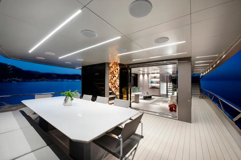  Yacht Photos Pics Luxurious 2025 Mazu Yachts 92 DS interior with elegant dining area and modern design.