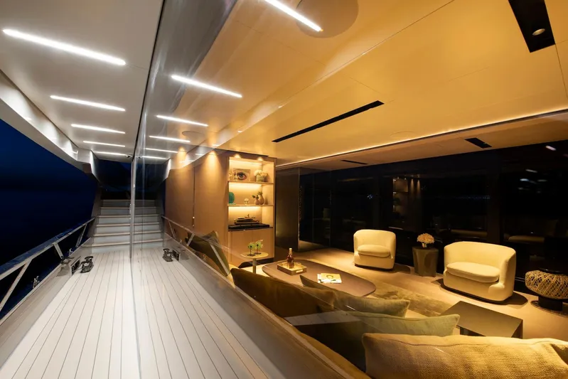  Yacht Photos Pics Luxurious interior of 2025 Mazu Yachts 92 DS, featuring elegant seating and modern lighting.