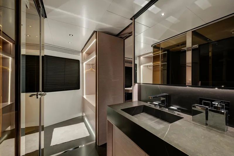  Yacht Photos Pics Luxurious bathroom interior of 2025 Mazu Yachts 92 DS with modern fixtures and sleek design.