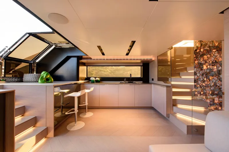  Yacht Photos Pics Luxurious interior of 2025 Mazu Yachts 92 DS with modern kitchen and elegant lighting.